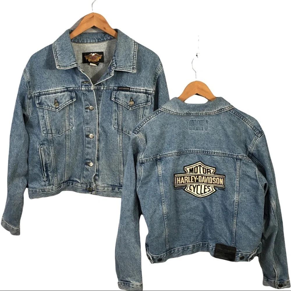 Womens Vintage HARLEY-DAVIDSON Motorcycles Denim Jean Rider Biker Jacket L
